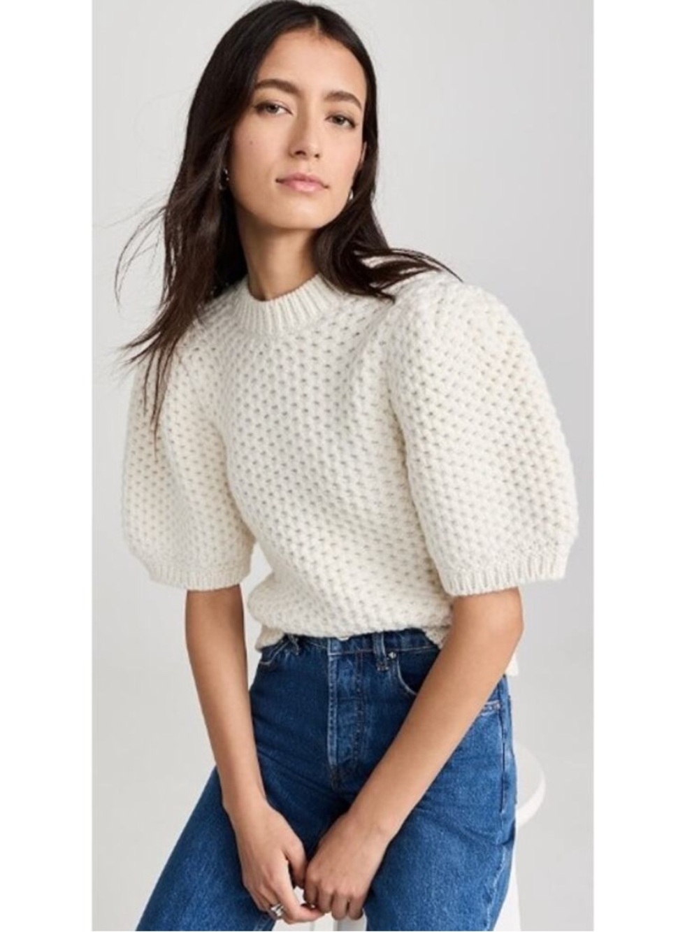 Anine Bing Puff Sleeve Merino Wool Crewneck Brittany Sweater White Textured Knit